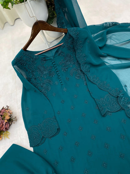 DESIGNER TRENDING  PUMPUM NECK TOP WITH EMBROIDERY WORK WITH PANT AND DUPATTA WHOLESALE GEELAN FASHION SURAT