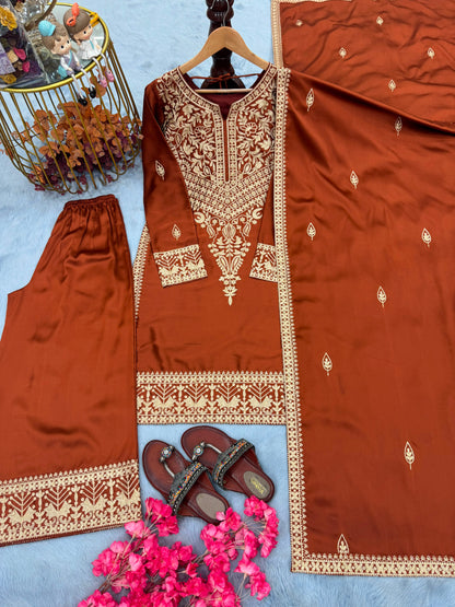 NEW 🦋 ĐĚSIGNER PARTY WEAR LOOK PUR CHINON SILK TOP & PALAZZO WITH DUPATTA SET WHOLESALE GEELAN FASHION SURAT