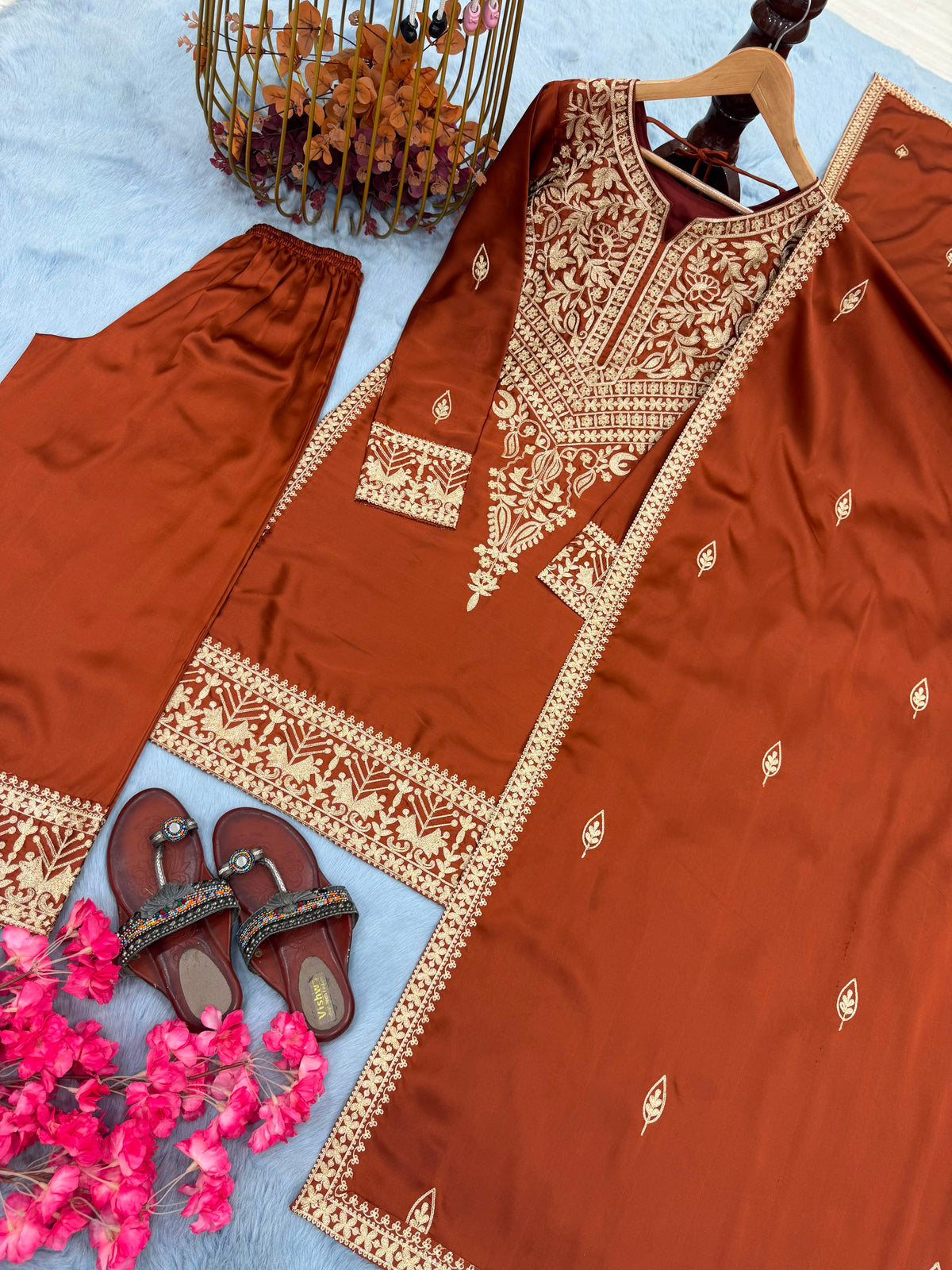 NEW 🦋 ĐĚSIGNER PARTY WEAR LOOK PUR CHINON SILK TOP & PALAZZO WITH DUPATTA SET WHOLESALE GEELAN FASHION SURAT