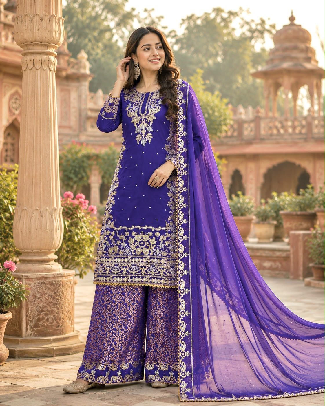 NEW READY TO WEAR DESIGN HEAVY EMBROIDERY AND SEQUENCE WORK TOP - WITH JACQUARD PLAZZO WITH  DUPATTA WHOLESALE GEELAN FASHION SURAT