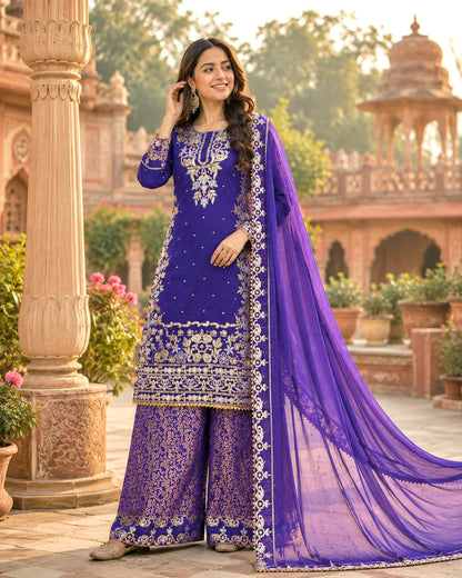NEW READY TO WEAR DESIGN HEAVY EMBROIDERY AND SEQUENCE WORK TOP - WITH JACQUARD PLAZZO WITH  DUPATTA WHOLESALE GEELAN FASHION SURAT