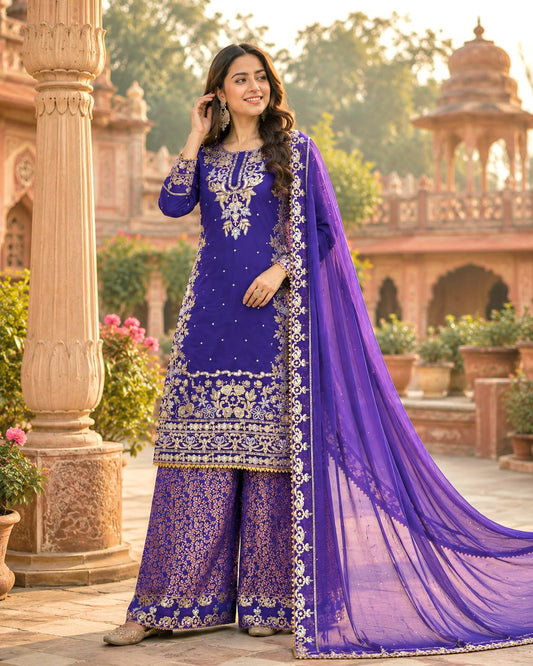 NEW READY TO WEAR DESIGN HEAVY EMBROIDERY AND SEQUENCE WORK TOP - WITH JACQUARD PLAZZO WITH  DUPATTA WHOLESALE GEELAN FASHION SURAT