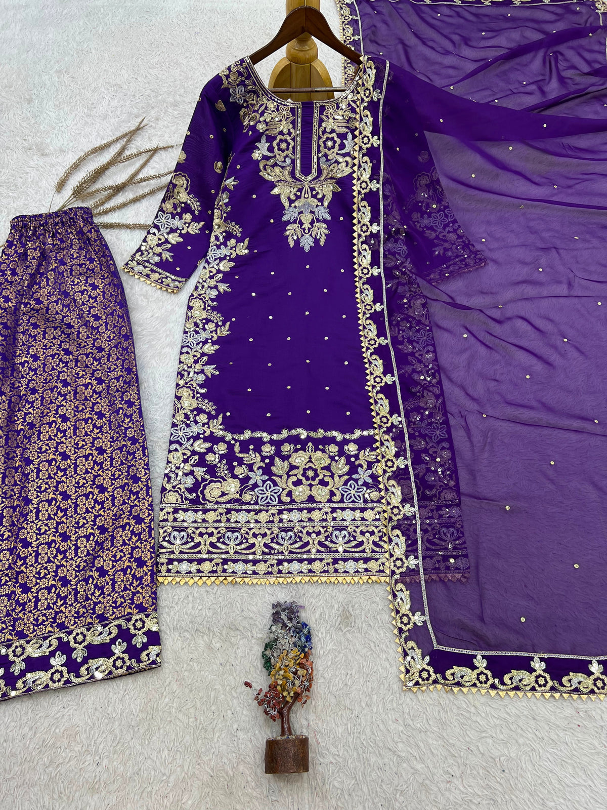 NEW READY TO WEAR DESIGN HEAVY EMBROIDERY AND SEQUENCE WORK TOP - WITH JACQUARD PLAZZO WITH  DUPATTA WHOLESALE GEELAN FASHION SURAT