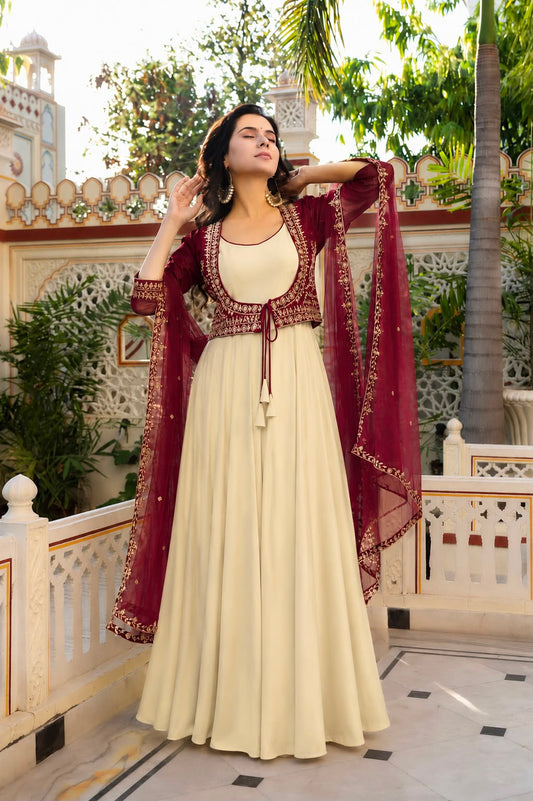 3 PIECE STYLISH GOWN WITH BEAUTIFUL  KOTI AND DUPATTA WHOLESALE GEELAN FASHION SURAT