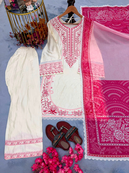 ĐĚSIGNER PARTY WEAR LOOK PUR SATIN RAYON TOP & FARSHI PALAZZO WITH DUPATTA SET WHOLESALE GEELAN FASHION SURAT