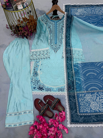 ĐĚSIGNER PARTY WEAR LOOK PUR SATIN RAYON TOP & FARSHI PALAZZO WITH DUPATTA SET WHOLESALE GEELAN FASHION SURAT