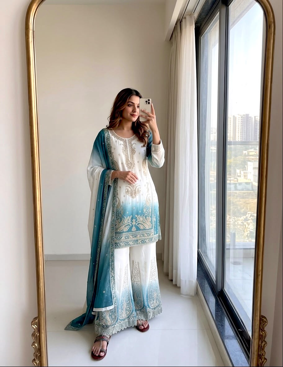 NEW 🦋 ĐĚSIGNER PARTY WEAR LOOK HEAVY DUAL TONE PEDING STAR GEORGETTE TOP PLAZZO & DUPATTA SET WHOLESALE GEELAN FASHION SURAT