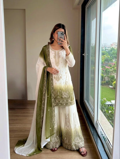 NEW 🦋 ĐĚSIGNER PARTY WEAR LOOK HEAVY DUAL TONE PEDING STAR GEORGETTE TOP PLAZZO & DUPATTA SET WHOLESALE GEELAN FASHION SURAT