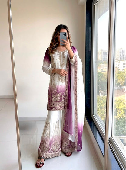 NEW 🦋 ĐĚSIGNER PARTY WEAR LOOK HEAVY DUAL TONE PEDING STAR GEORGETTE TOP PLAZZO & DUPATTA SET WHOLESALE GEELAN FASHION SURAT