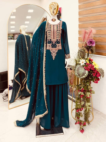 NEW DESIGNER PARTY TOP PALLAZO & DUPATTA SET WHOLESALE GEELAN FASHION SURAT