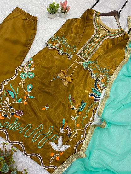 THIS WEDDING SEASON WEAR OUR BEAUTIFUL EMBROIDERED TOP, PANT WITH DUPATTA WHOLESALE GEELAN FASHION SURAT