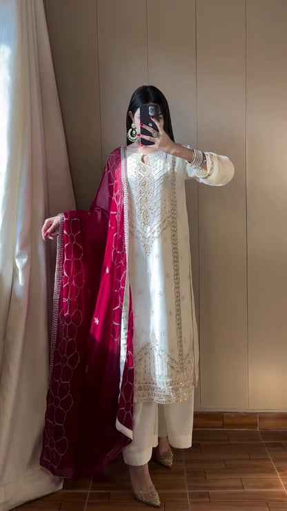 FESTIVAL SPECIAL HEAVY SEQUENCE EMBROIDERY ON SILK FABRIC TOP AND PLAZZO WITH DUPATTA SET WHOLESALE GEELAN FASHION SURAT