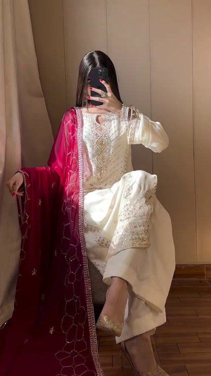 FESTIVAL SPECIAL HEAVY SEQUENCE EMBROIDERY ON SILK FABRIC TOP AND PLAZZO WITH DUPATTA SET WHOLESALE GEELAN FASHION SURAT
