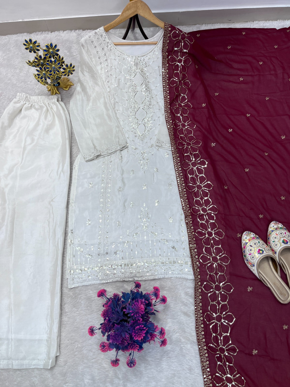 FESTIVAL SPECIAL HEAVY SEQUENCE EMBROIDERY ON SILK FABRIC TOP AND PLAZZO WITH DUPATTA SET WHOLESALE GEELAN FASHION SURAT