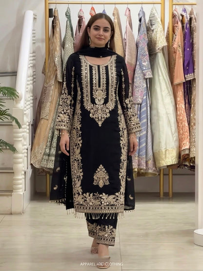NEW COLLECTION IN FAUX GEORGETTE WITH HEAVY EMBROIDERY SEQUENCE WORK TOP-BOTTOM AND DUPATTA SET FULLY STITCHED READY TO WEAR 9 WHOLESALE GEELAN FASHION SURAT