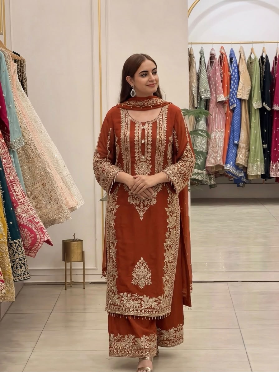 NEW COLLECTION IN FAUX GEORGETTE WITH HEAVY EMBROIDERY SEQUENCE WORK TOP-BOTTOM AND DUPATTA SET FULLY STITCHED READY TO WEAR 9 WHOLESALE GEELAN FASHION SURAT