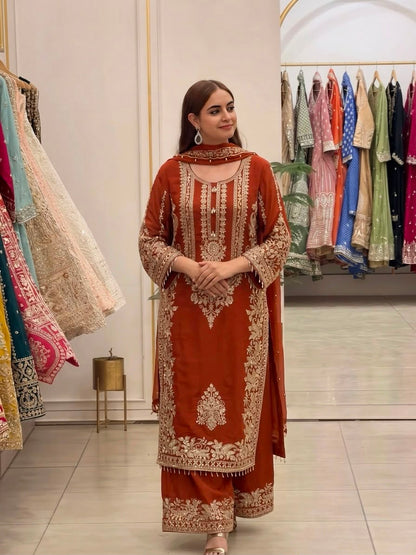 NEW COLLECTION IN FAUX GEORGETTE WITH HEAVY EMBROIDERY SEQUENCE WORK TOP-BOTTOM AND DUPATTA SET FULLY STITCHED READY TO WEAR 9 WHOLESALE GEELAN FASHION SURAT