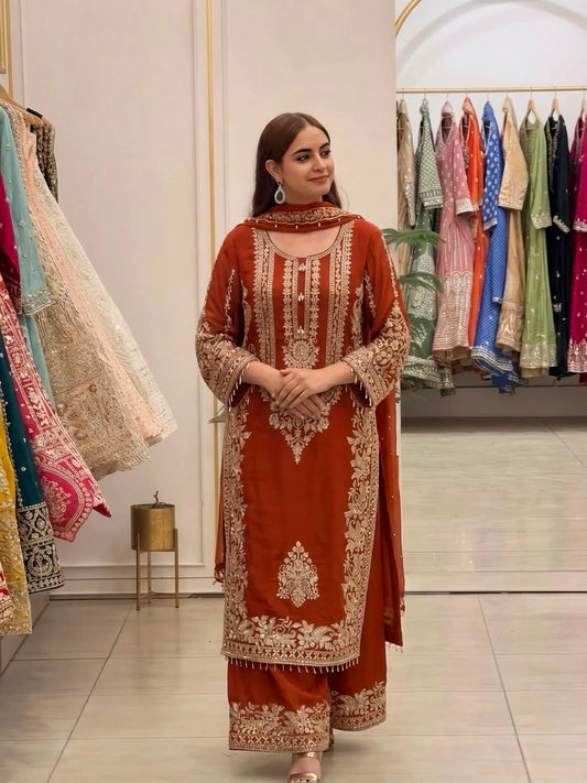 NEW COLLECTION IN FAUX GEORGETTE WITH HEAVY EMBROIDERY SEQUENCE WORK TOP-BOTTOM AND DUPATTA SET FULLY STITCHED READY TO WEAR 9 WHOLESALE GEELAN FASHION SURAT