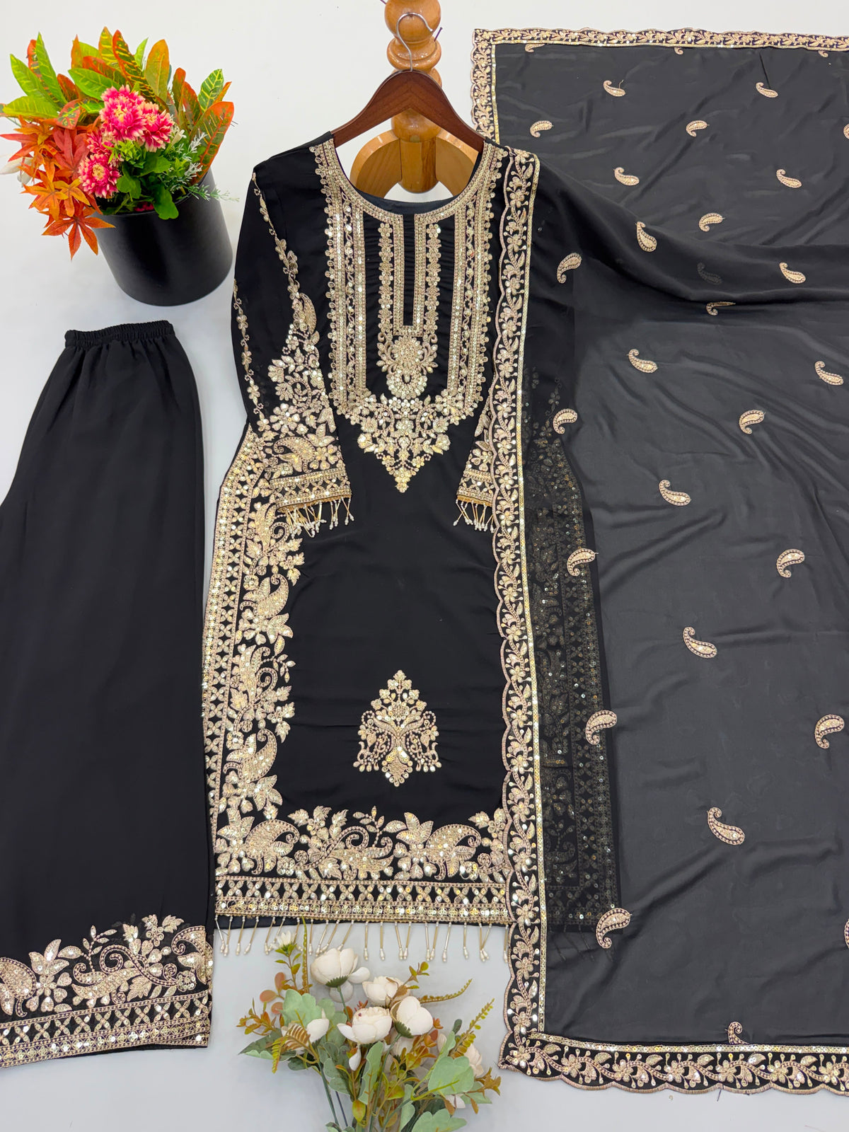 NEW COLLECTION IN FAUX GEORGETTE WITH HEAVY EMBROIDERY SEQUENCE WORK TOP-BOTTOM AND DUPATTA SET FULLY STITCHED READY TO WEAR 9 WHOLESALE GEELAN FASHION SURAT