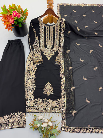 NEW COLLECTION IN FAUX GEORGETTE WITH HEAVY EMBROIDERY SEQUENCE WORK TOP-BOTTOM AND DUPATTA SET FULLY STITCHED READY TO WEAR 9 WHOLESALE GEELAN FASHION SURAT