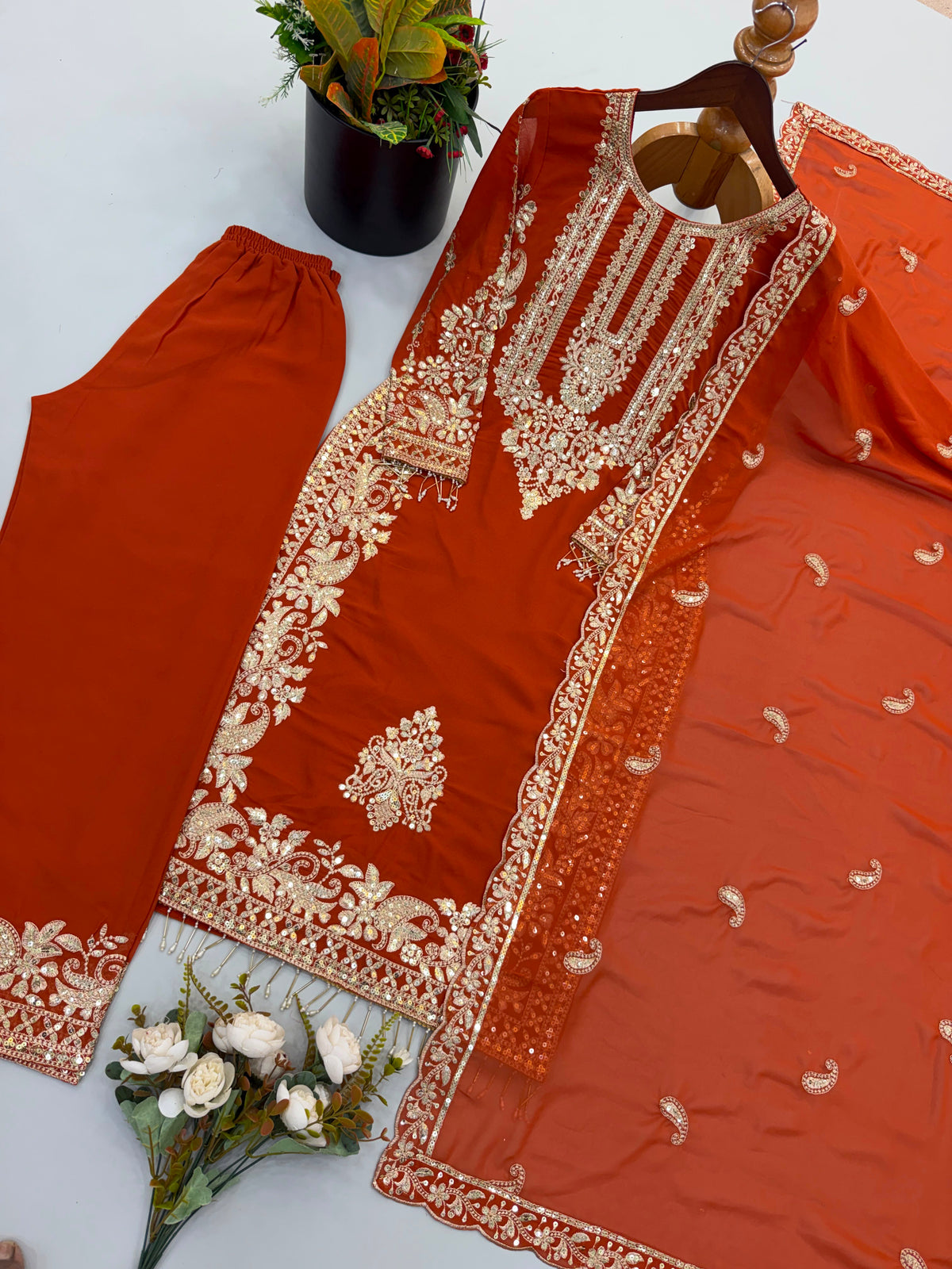 NEW COLLECTION IN FAUX GEORGETTE WITH HEAVY EMBROIDERY SEQUENCE WORK TOP-BOTTOM AND DUPATTA SET FULLY STITCHED READY TO WEAR 9 WHOLESALE GEELAN FASHION SURAT