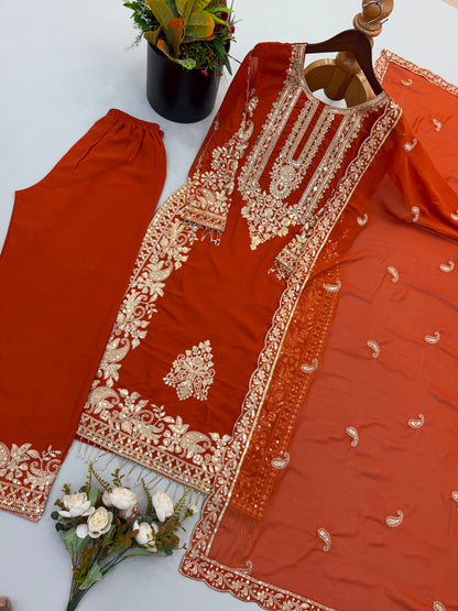 NEW COLLECTION IN FAUX GEORGETTE WITH HEAVY EMBROIDERY SEQUENCE WORK TOP-BOTTOM AND DUPATTA SET FULLY STITCHED READY TO WEAR 9 WHOLESALE GEELAN FASHION SURAT