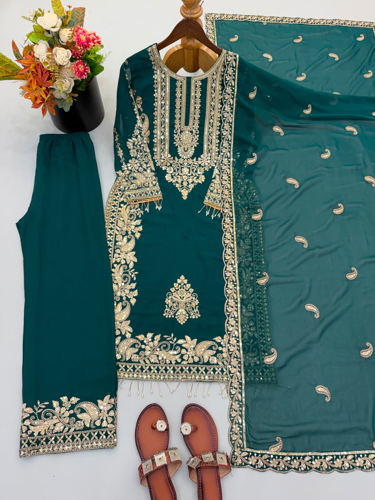 NEW COLLECTION IN FAUX GEORGETTE WITH HEAVY EMBROIDERY SEQUENCE WORK TOP-BOTTOM AND DUPATTA SET FULLY STITCHED READY TO WEAR 9 WHOLESALE GEELAN FASHION SURAT