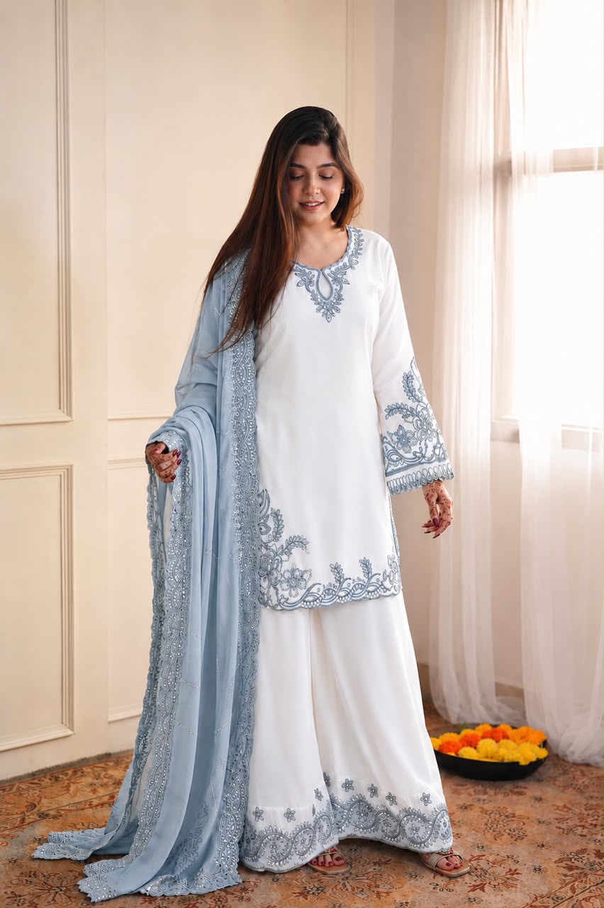 NEW FANCY DESIGN PAKISTANI COLLECTION TOP - PLAZZO AND DUPATTA SET FULLY STITCHED READY TO WEAR WHOLESALE GEELAN FASHION SURAT