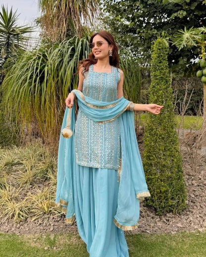 NEW DESIGNER PARTY TOP PALLAZO & DUPATTA SET WHOLESALE GEELAN FASHION SURAT