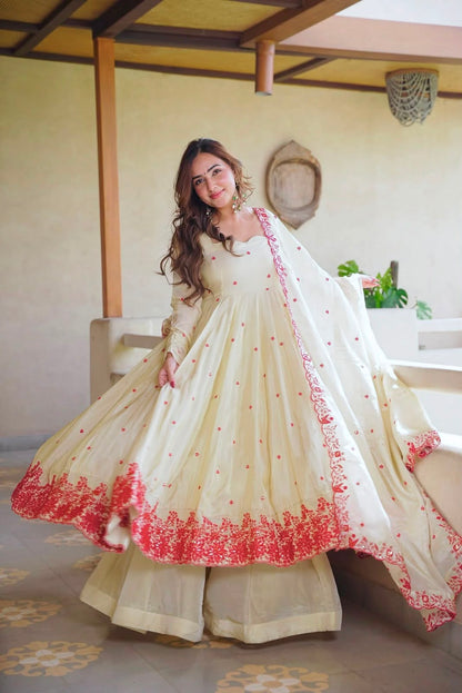 NEW DESIGNER COLLECTION IN DIMOND SILK WITH EMBROIDERY WORK GOWN AND DUPATTA SET FULLY STITCHED READY TO WEAR WHOLESALE GEELAN FASHION SURAT