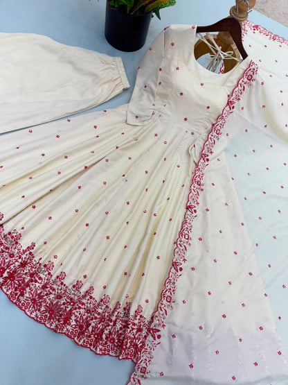 NEW DESIGNER COLLECTION IN DIMOND SILK WITH EMBROIDERY WORK GOWN AND DUPATTA SET FULLY STITCHED READY TO WEAR WHOLESALE GEELAN FASHION SURAT