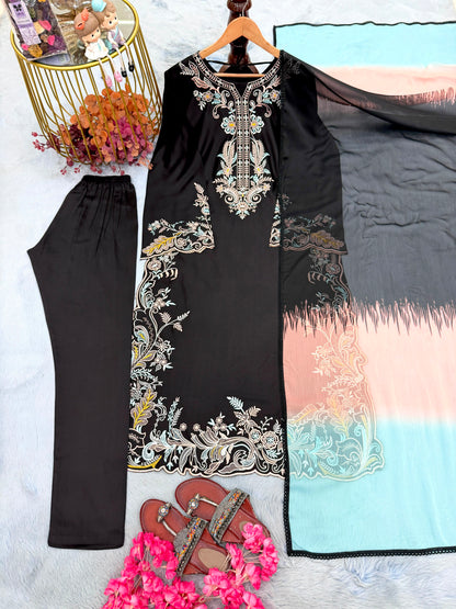 ĐĚSIGNER PARTY WEAR LOOK PUR SATIN RAYON OVER SIZE LONG KAFTAN & BOTTOM WITH DUPATTA SET WHOLESALE GEELAN FASHION SURAT