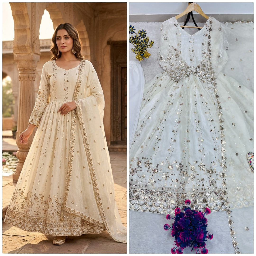 FESTIVAL SPECIAL HEAVY EMBROIDERY SEQUENCE WORK GOWN PENT & DUPATTA SET WHOLESALE GEELAN FASHION SURAT