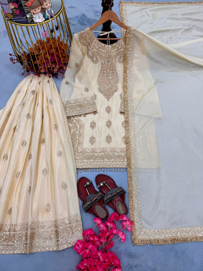 ĐĚSIGNER PARTY WEAR LOOK PUR CHINON SILK TOP PLAZZO & DUPATTA SET WHOLESALE GEELAN FASHION SURAT