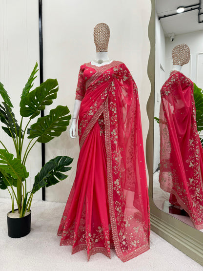 LOOKING SOME ONE FOR THIS SAME COLOUR BEAUTIFUL DESIGNER SAREE ON TIBBY SILK FEBRIC WITH THRED & SEQUNCE WORK AND BLOUSE ON ALSO TIBBY SILK FEBRIC WITH THRED & SEQUNCE WORK WHOLESALE GEELAN FASHION SURAT