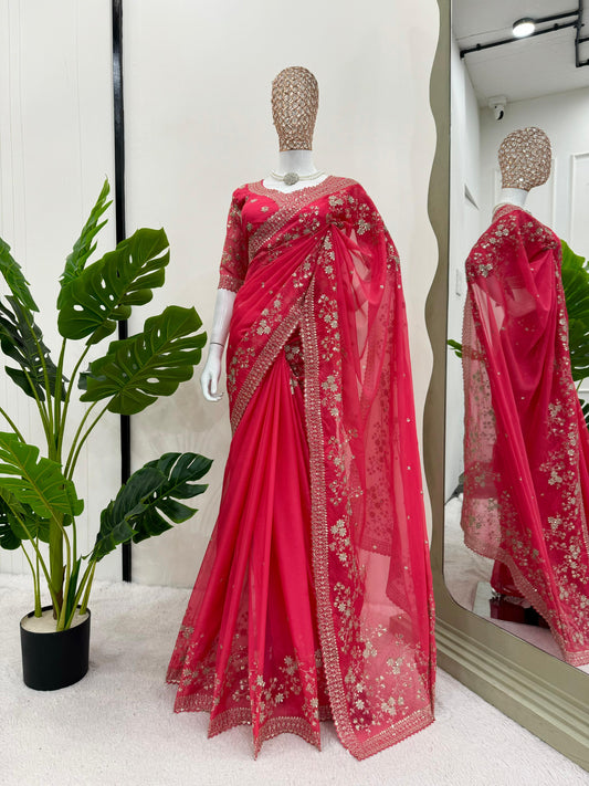 LOOKING SOME ONE FOR THIS SAME COLOUR BEAUTIFUL DESIGNER SAREE ON TIBBY SILK FEBRIC WITH THRED & SEQUNCE WORK AND BLOUSE ON ALSO TIBBY SILK FEBRIC WITH THRED & SEQUNCE WORK WHOLESALE GEELAN FASHION SURAT