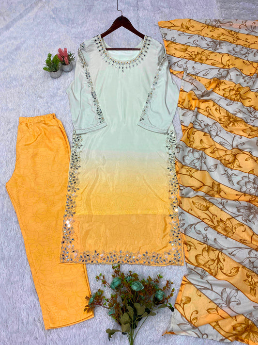 THIS WEDDING SEASON WEAR OUR BEAUTIFUL BEADS WITH REAL MIRROR EMBROIDERED TOP , PANT WITH DUPATTA WHOLESALE GEELAN FASHION SURAT