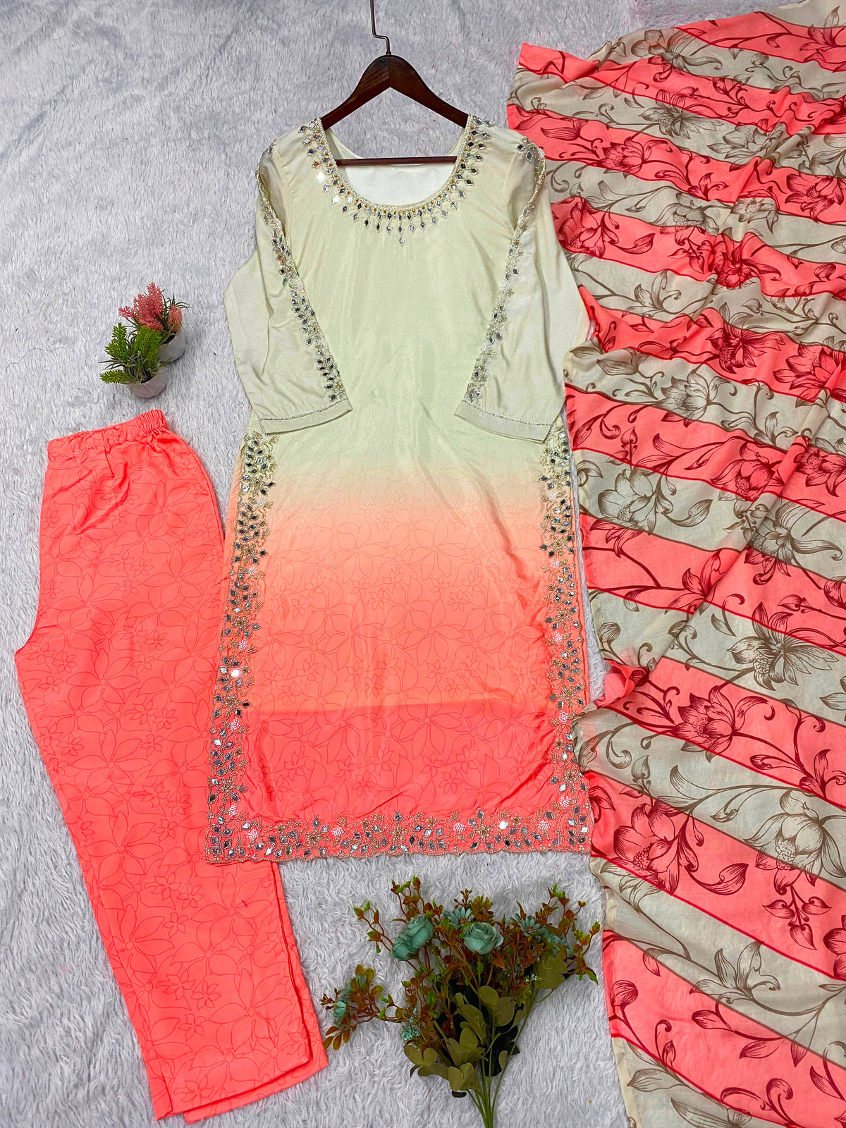 THIS WEDDING SEASON WEAR OUR BEAUTIFUL BEADS WITH REAL MIRROR EMBROIDERED TOP , PANT WITH DUPATTA WHOLESALE GEELAN FASHION SURAT