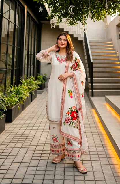 DESIGNER  WEAR HEAVY EMBROIDERY THREAD WORK 3 PIS SUIT SET WHOLESALE GEELAN FASHION SURAT