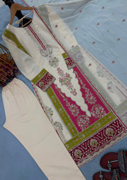 ĐĚSIGNER PARTY WEAR LOOK PUR ROMAN SILK TOP & BOTTOM WITH DUPATTA SET WHOLESALE GEELAN FASHION SURAT