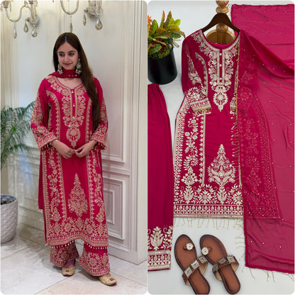 NEW DESIGNER COLLECTION IN FAUX GEORGETTE WITH HEAVY EMBROIDERY SEQUENCE WORK TOP-BOTTOM AND DUPATTA SET FULLY STITCHED READY TO WEAR WHOLESALE GEELAN FASHION SURAT
