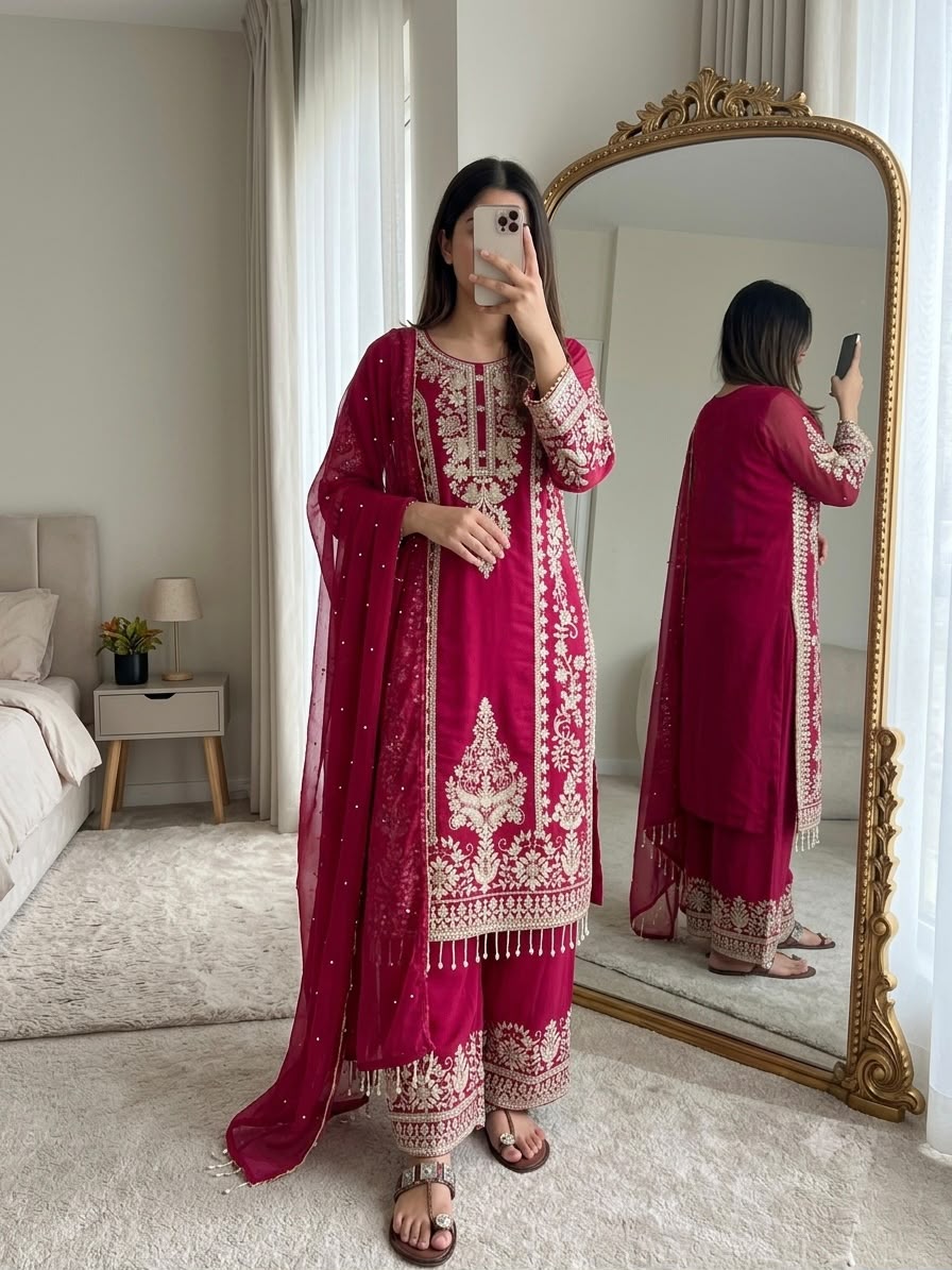 NEW DESIGNER COLLECTION IN FAUX GEORGETTE WITH HEAVY EMBROIDERY SEQUENCE WORK TOP-BOTTOM AND DUPATTA SET FULLY STITCHED READY TO WEAR WHOLESALE GEELAN FASHION SURAT