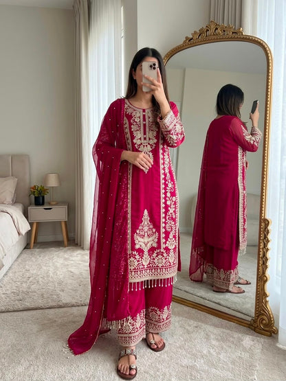 NEW DESIGNER COLLECTION IN FAUX GEORGETTE WITH HEAVY EMBROIDERY SEQUENCE WORK TOP-BOTTOM AND DUPATTA SET FULLY STITCHED READY TO WEAR WHOLESALE GEELAN FASHION SURAT