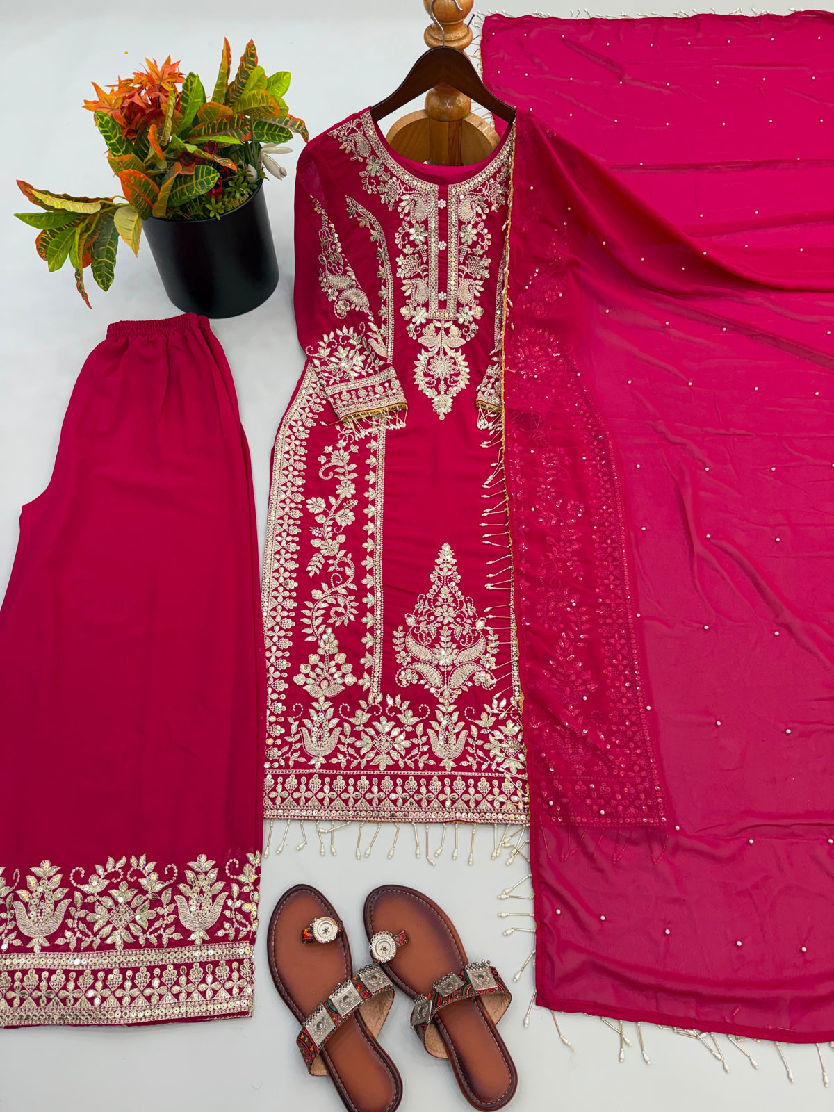NEW DESIGNER COLLECTION IN FAUX GEORGETTE WITH HEAVY EMBROIDERY SEQUENCE WORK TOP-BOTTOM AND DUPATTA SET FULLY STITCHED READY TO WEAR WHOLESALE GEELAN FASHION SURAT