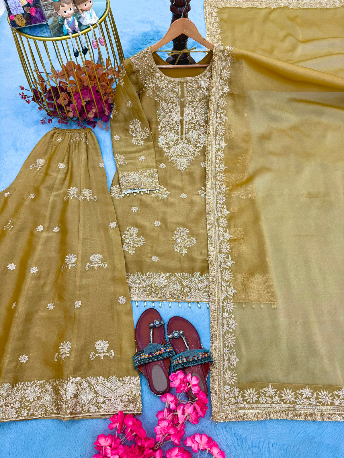 ĐĚSIGNER PARTY WEAR LOOK PUR NC MOSS SILK TOP & PALAZZO WITH DUPATTA SET WHOLESALE GEELAN FASHION SURAT
