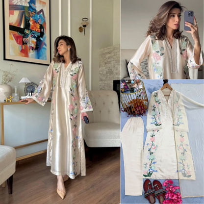 ĐĚSIGNER PARTY WEAR LOOK PUR ROMAN GLASS OVER SIZE LONG KAFTAN & BOTTOM WITH DUPATTA SET WHOLESALE GEELAN FASHION SURAT