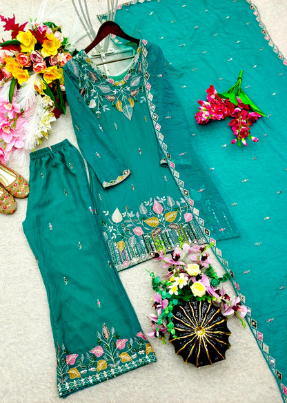 NEW DESIGN TRENDING NC MOSS SILK TOP&PALAZZO&DUPATTA WHOLESALE GEELAN FASHION SURAT