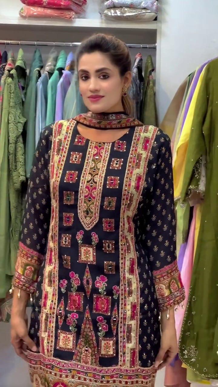 DESIGNER WEAR TRENDING TOP WITH PRINTED WORK AND STONE WORK TOP PLAZZO WITH DUPATTA SET WHOLESALE GEELAN FASHION SURAT
