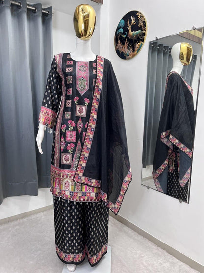 DESIGNER WEAR TRENDING TOP WITH PRINTED WORK AND STONE WORK TOP PLAZZO WITH DUPATTA SET WHOLESALE GEELAN FASHION SURAT