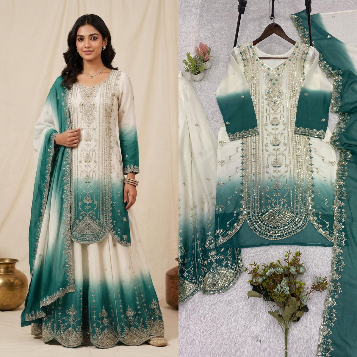 THIS WEDDING SEASON WEAR OUR BEAUTIFUL SEQUENCE EMBROIDERED TOP , PLAZZO WITH DUPATTA WHOLESALE GEELAN FASHION SURAT